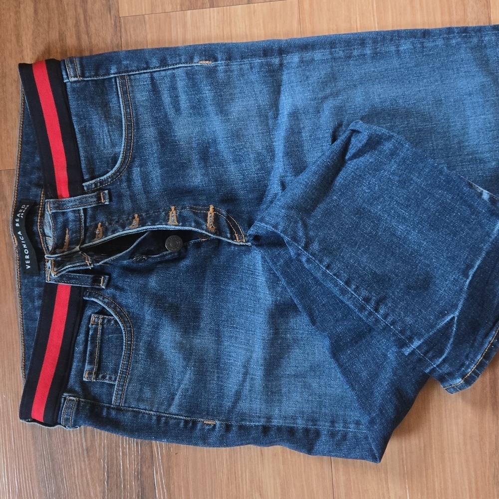 Veronica Beard Men's Dark Blue Skinny Jeans with Red Stripe